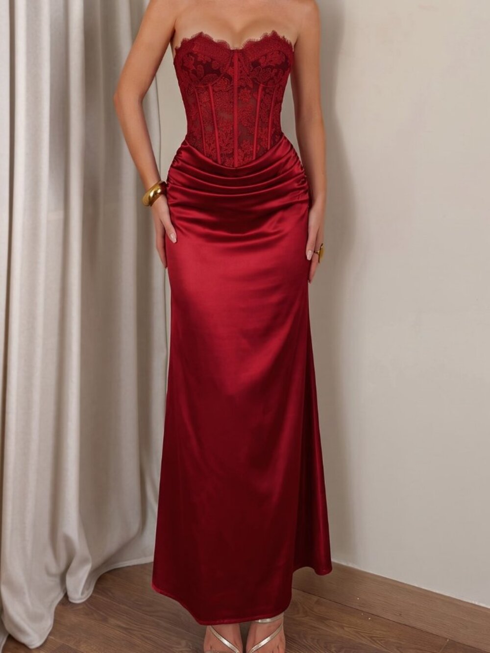 Red Elegant Women's Strapless Lace Corset Satin Maxi Dress